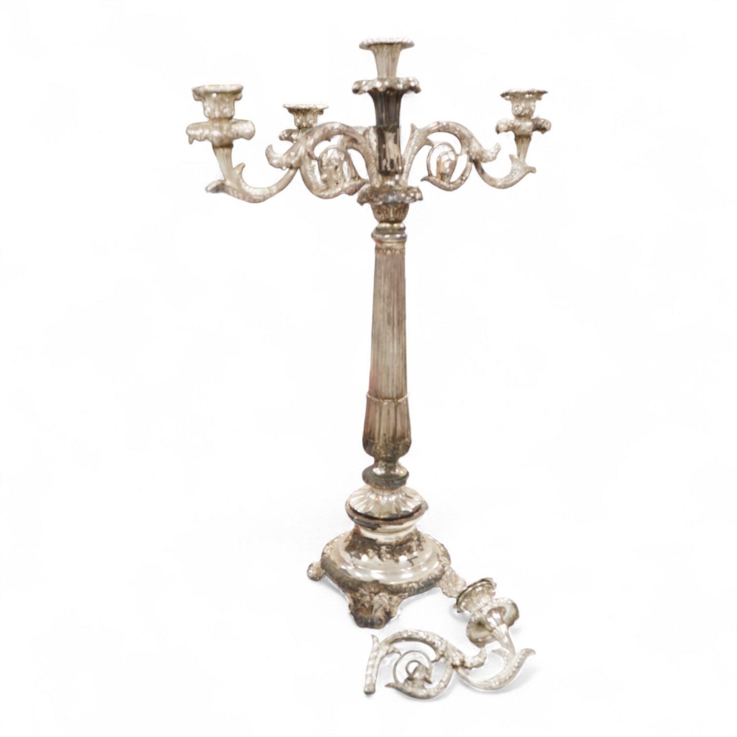 A mid 19th century cast plated four branch, five light candelabrum, 87cm high